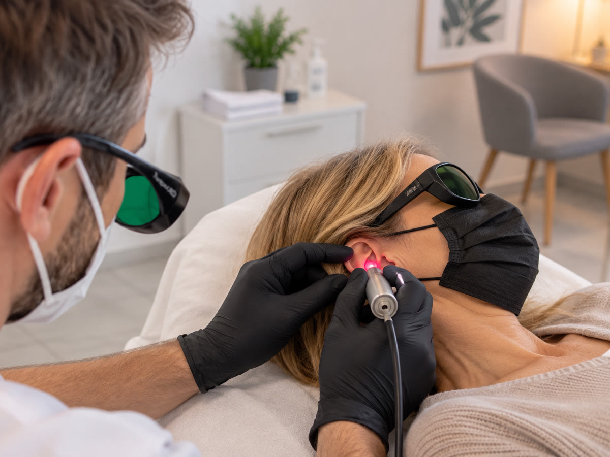 Softlaser-Anwendung am Ohr einer Klientin mit Schutzbrille