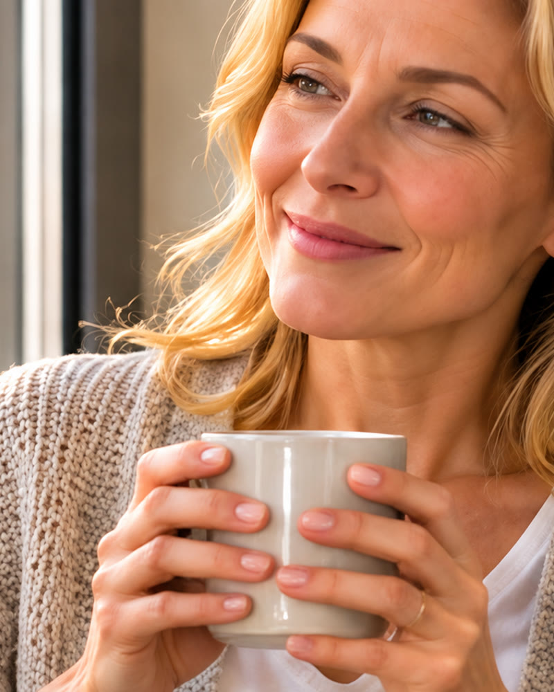 Frau hält eine Tasse Tee und blickt entspannt aus dem Fenster – Entzugserscheinungen gut überstehen