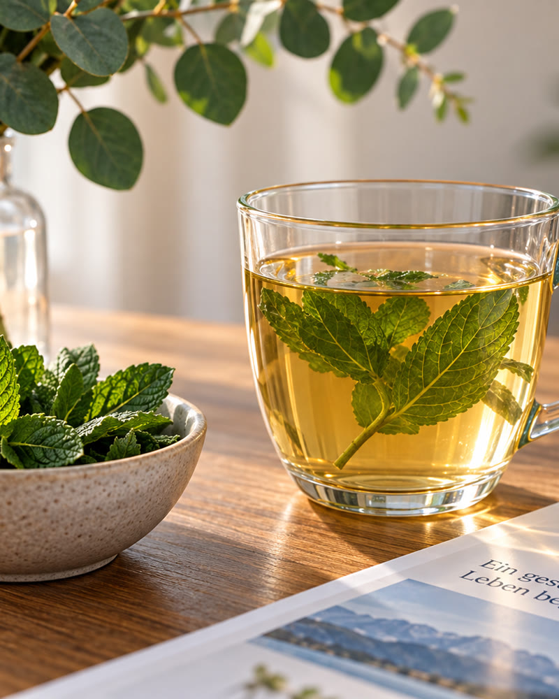 Kräutertee, frische Minze und Informationsblatt auf einem Holztisch – Kosten der Raucherentwöhnung im Vergleich