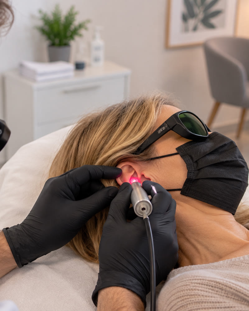 Softlaser-Anwendung am Ohr: Behandler mit Schutzbrille richtet einen Softlaser auf einen Akupunkturpunkt – Softlaser-Raucherentwöhnung in Wien